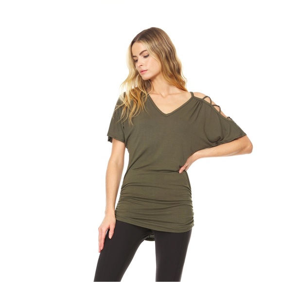 Cold Shoulder Asymmetrical Ruched Short Sleeve T-shirt multiple colors & sizes - Picture 10 of 11